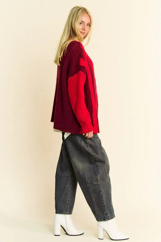 kesley red Cable-Knit Color Block Open Front Cardigan