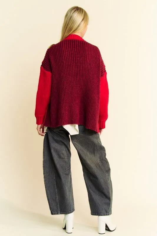 kesley red Cable-Knit Color Block Open Front Cardigan