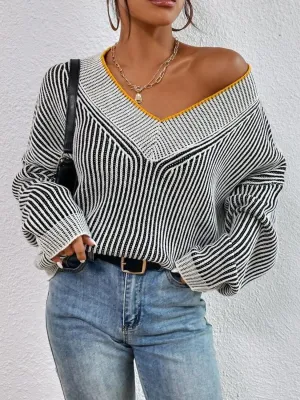 kesley Striped V-Neck Long Sleeve Sweater New women's fashion Long Sleeve Top