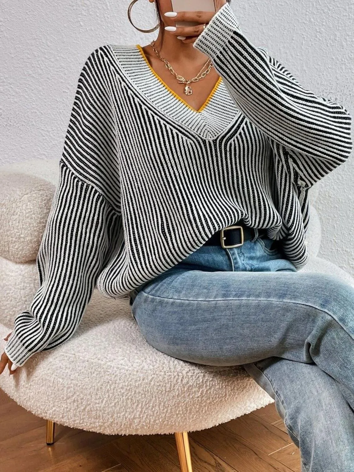 kesley Striped V-Neck Long Sleeve Sweater New women's fashion Long Sleeve Top