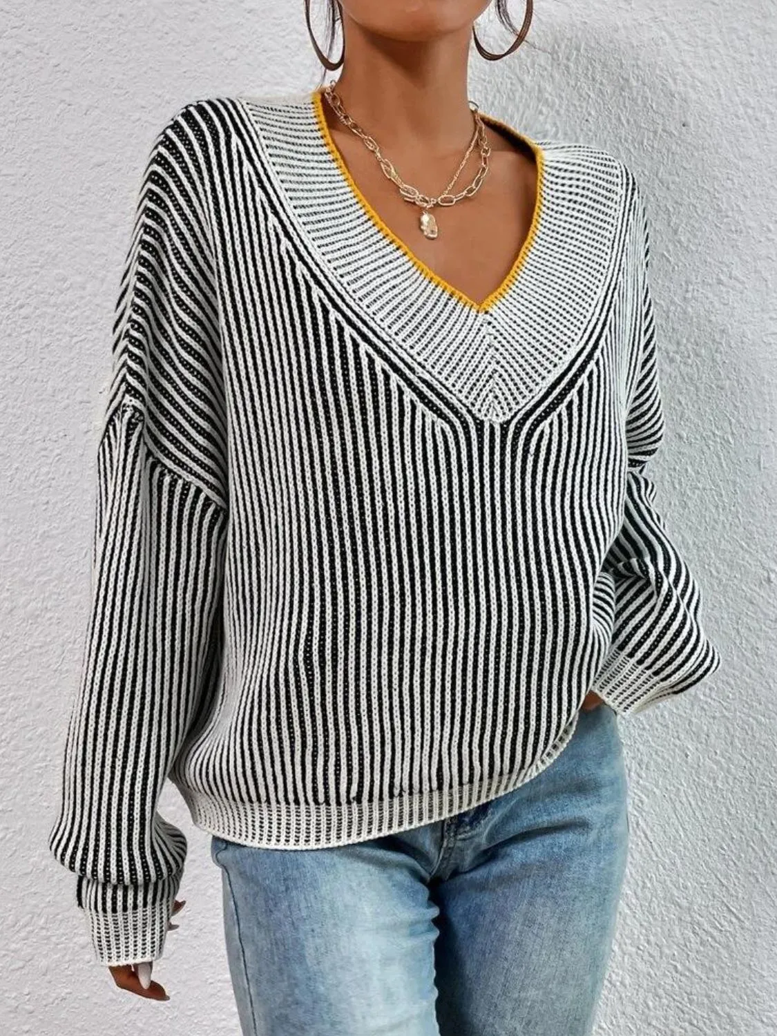 kesley Striped V-Neck Long Sleeve Sweater New women's fashion Long Sleeve Top