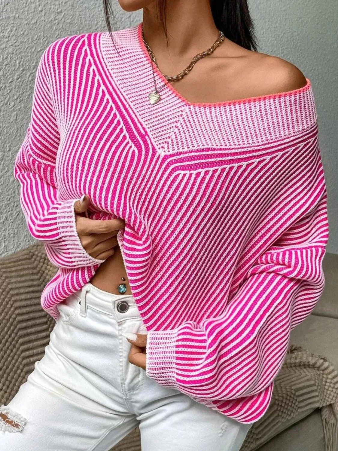 kesley Striped V-Neck Long Sleeve Sweater New women's fashion Long Sleeve Top