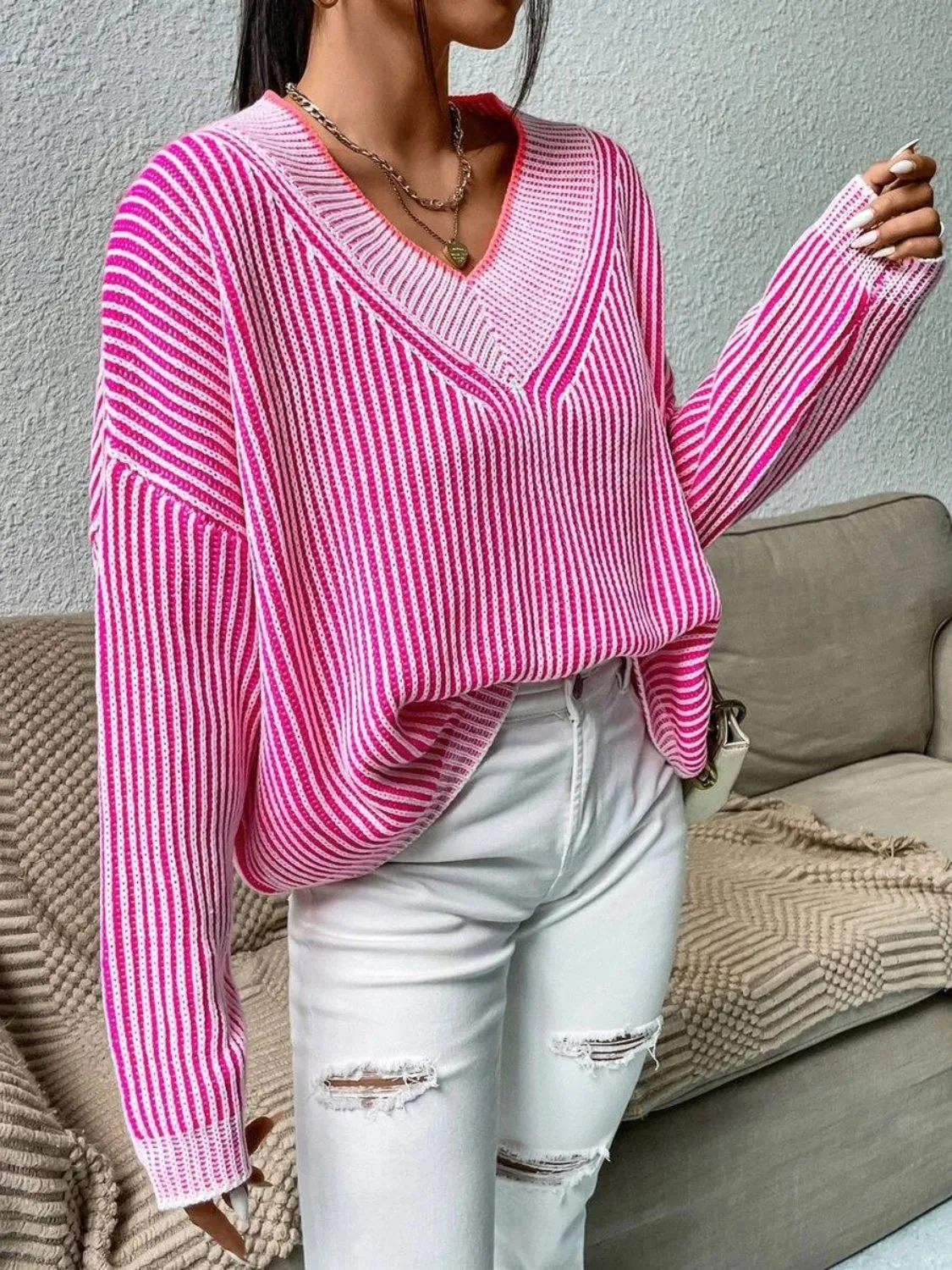 kesley Striped V-Neck Long Sleeve Sweater New women's fashion Long Sleeve Top