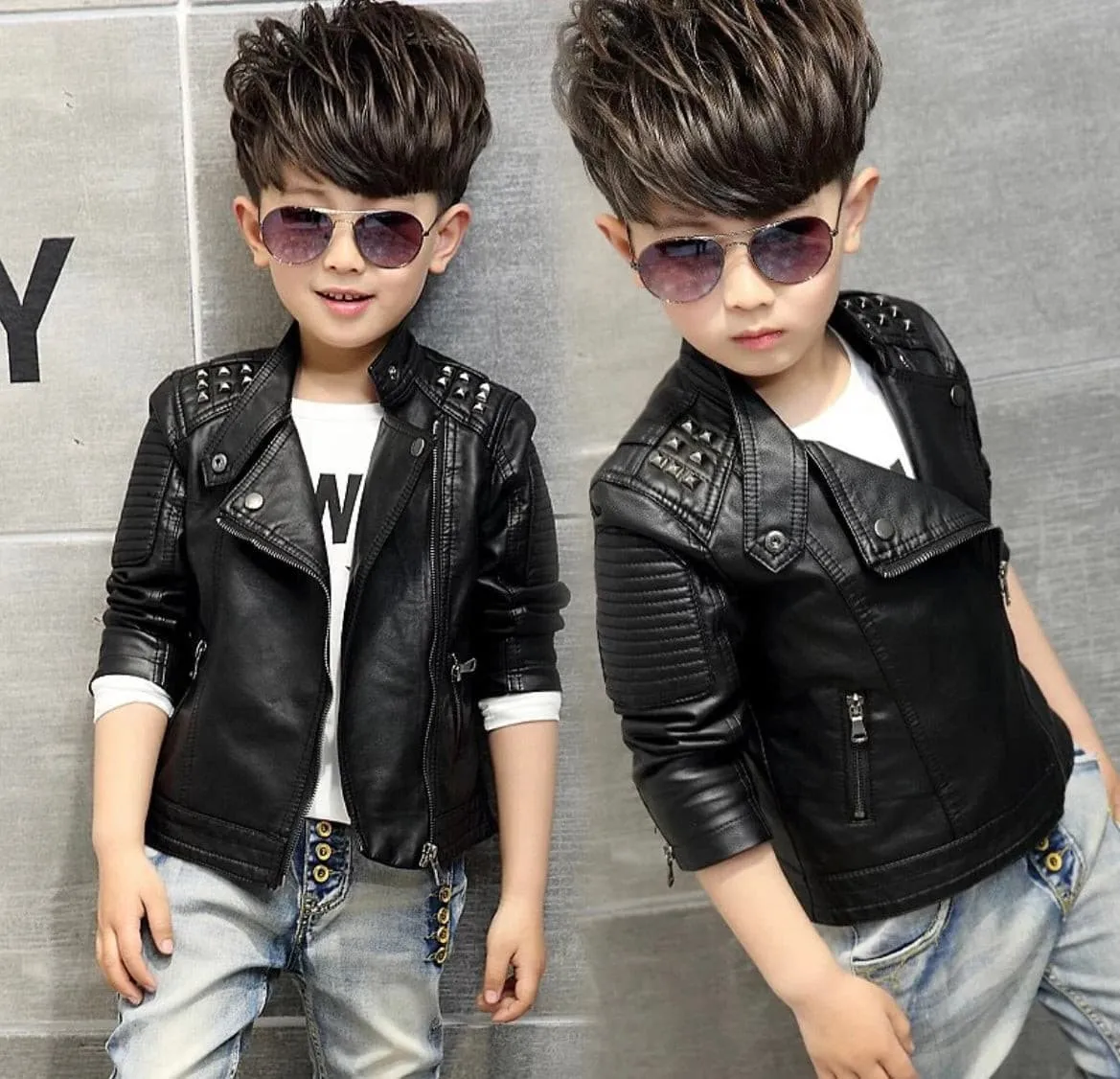 Kids Faux Leather Biker Studded Jacket