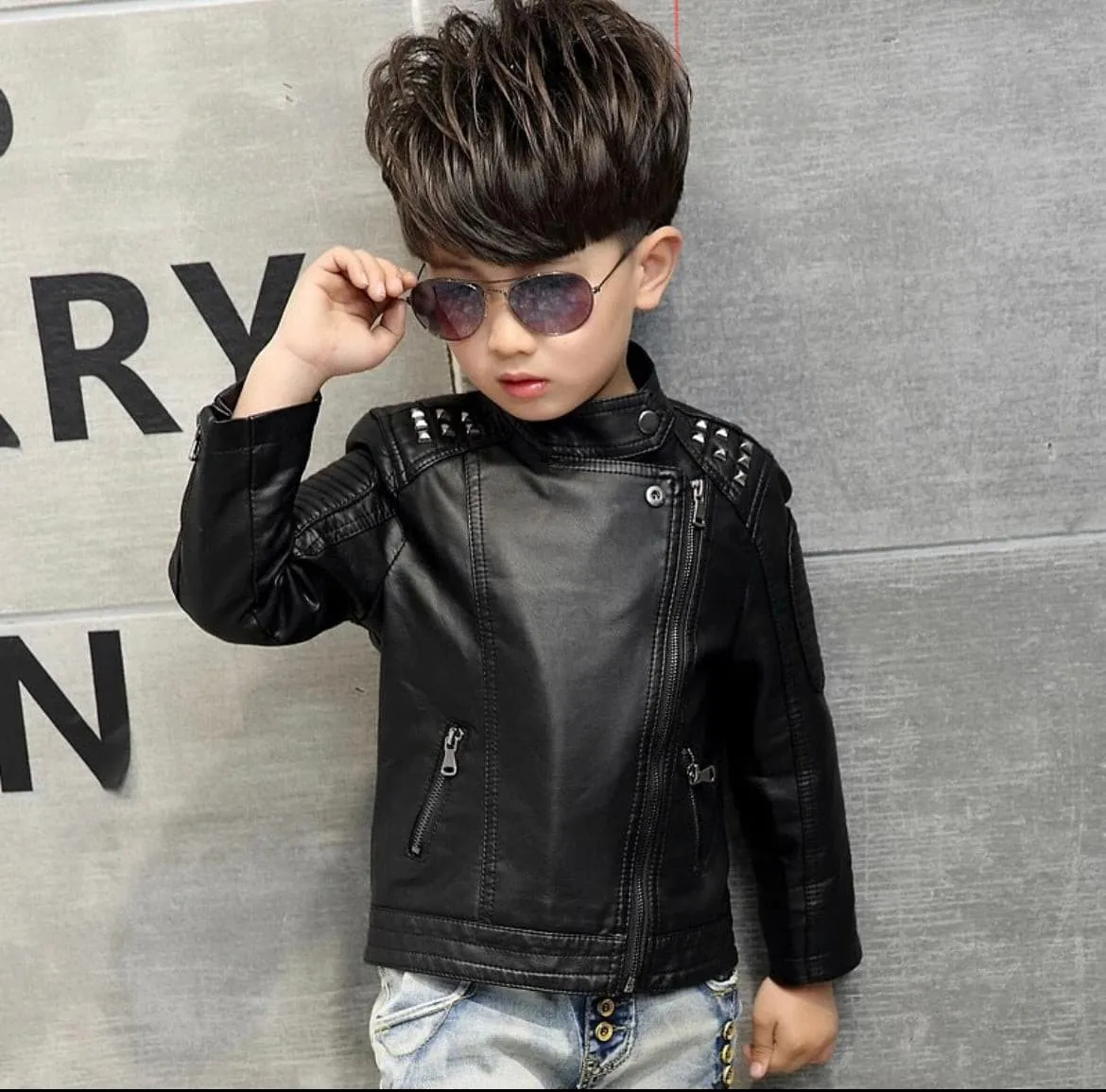 Kids Faux Leather Biker Studded Jacket