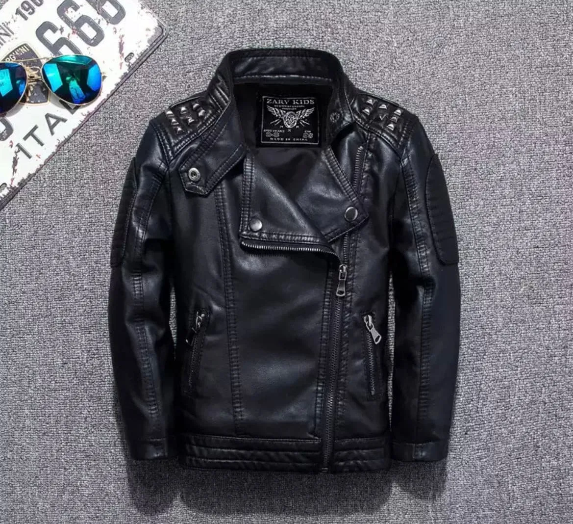 Kids Faux Leather Biker Studded Jacket