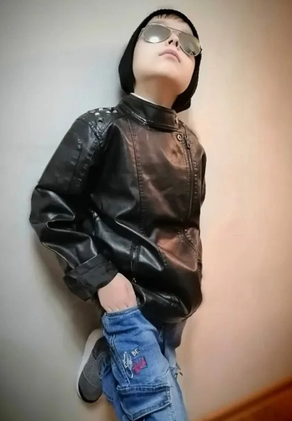 Kids Faux Leather Biker Studded Jacket