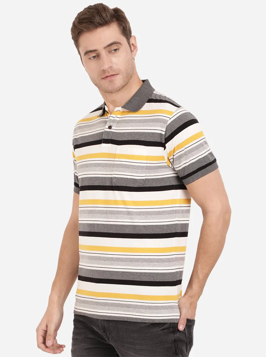 Light Mustard & Grey Striped Slim Fit Polo T-Shirt | Greenfibre