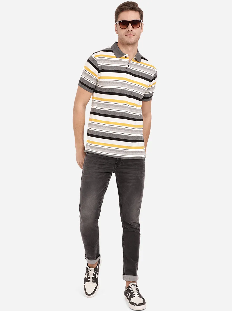 Light Mustard & Grey Striped Slim Fit Polo T-Shirt | Greenfibre