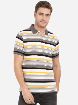 Light Mustard & Grey Striped Slim Fit Polo T-Shirt | Greenfibre