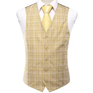 Light Yellow White Plaid Silk England Style Men's Single Vest Waistcoat