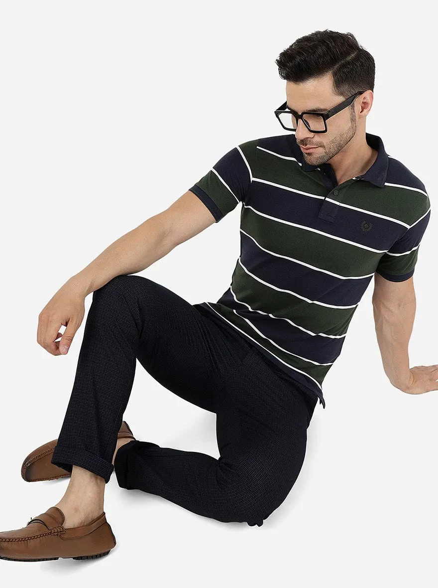 Navy Blue & Olive Striped Slim Fit Polo T-Shirt | Greenfibre