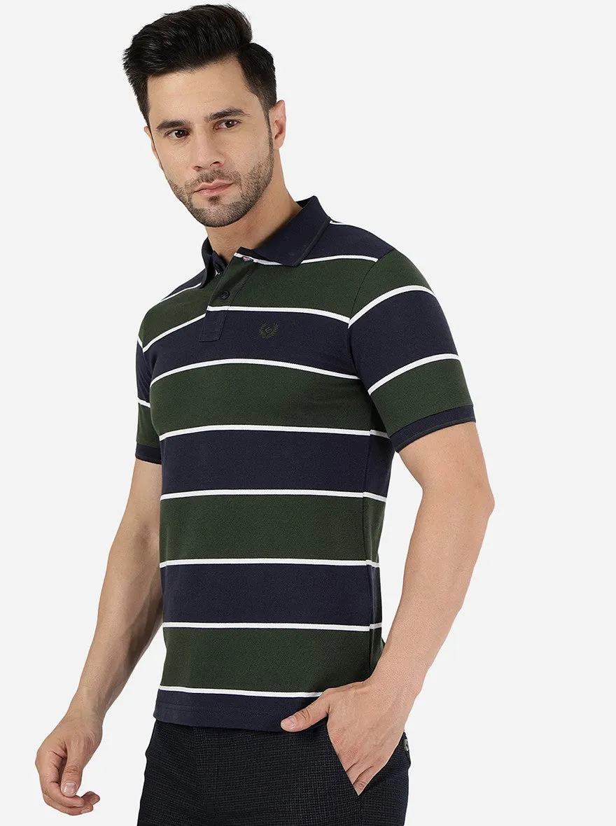 Navy Blue & Olive Striped Slim Fit Polo T-Shirt | Greenfibre