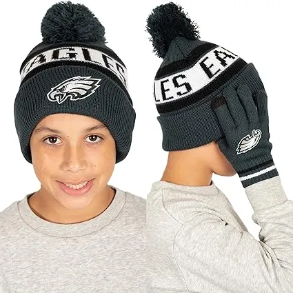 NFL Official Youth Super Soft Winter Beanie Knit Hat With Extra Warm Touch Screen Gloves|Philadelphia Eagles