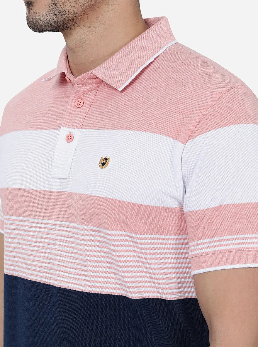 Peach & Navy Blue Striped Slim Fit Polo T-Shirt | JadeBlue