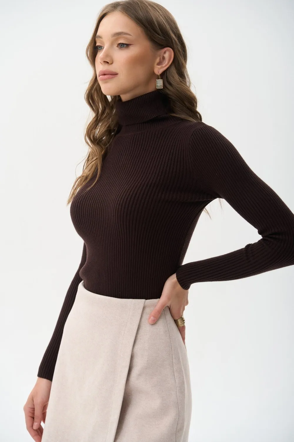 Ribbed turtleneck sweater in color brown