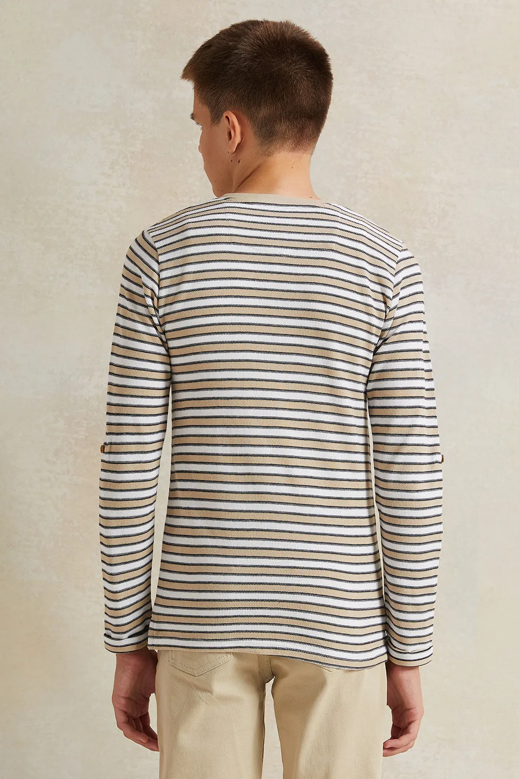 Senior Boys Beige Jacquard Long Sleeve Striped T-Shirt