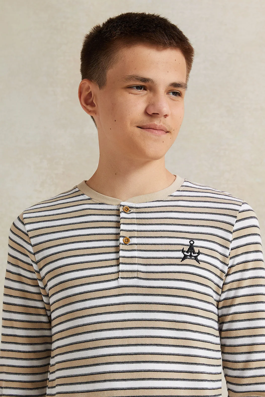 Senior Boys Beige Jacquard Long Sleeve Striped T-Shirt