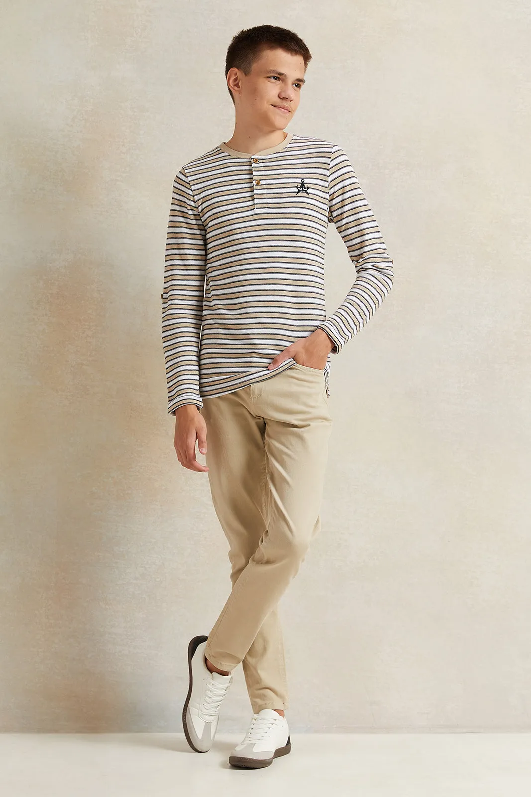 Senior Boys Beige Jacquard Long Sleeve Striped T-Shirt