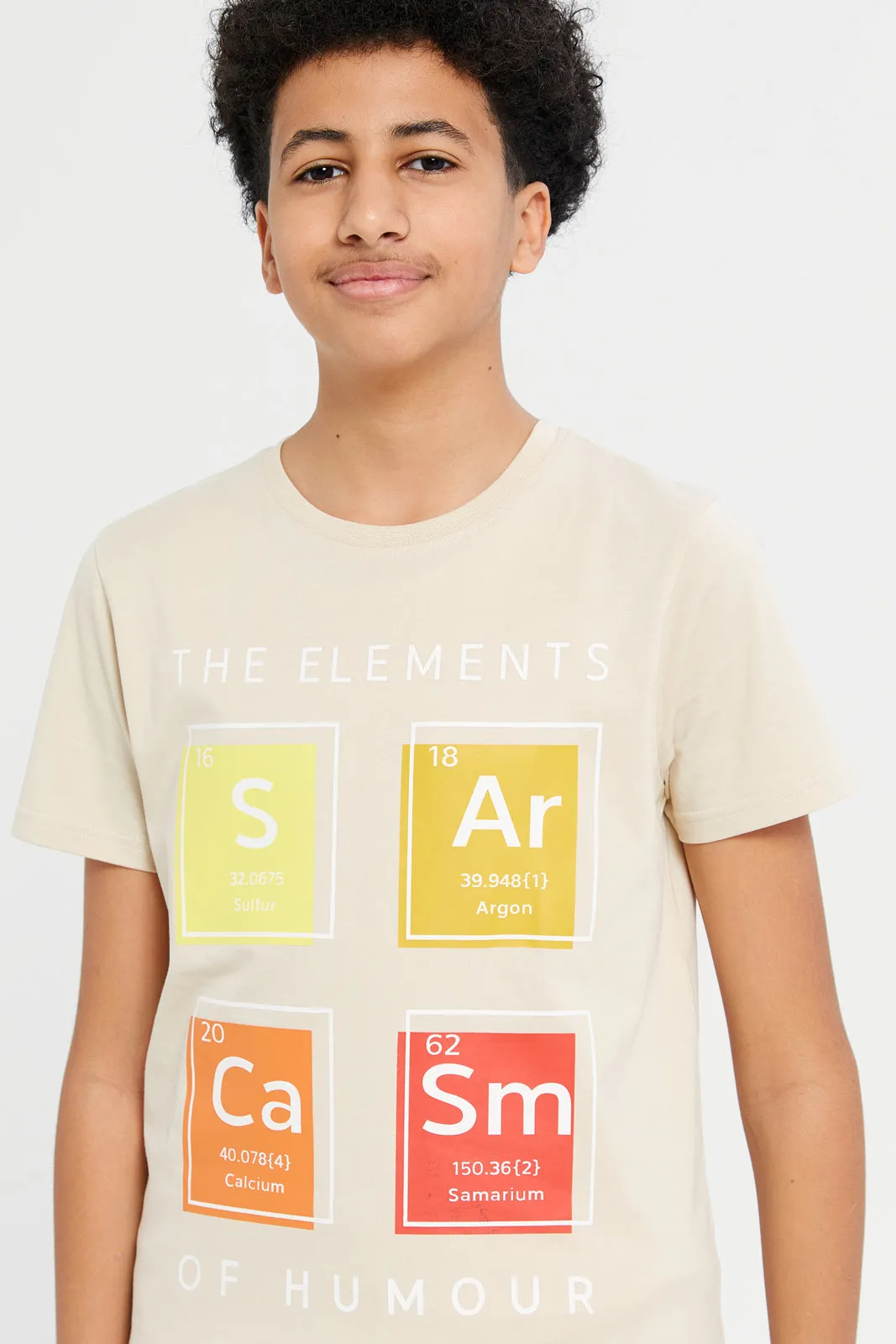 Senior Boys Beige Sarcasm Elements Graphic T-Shirt