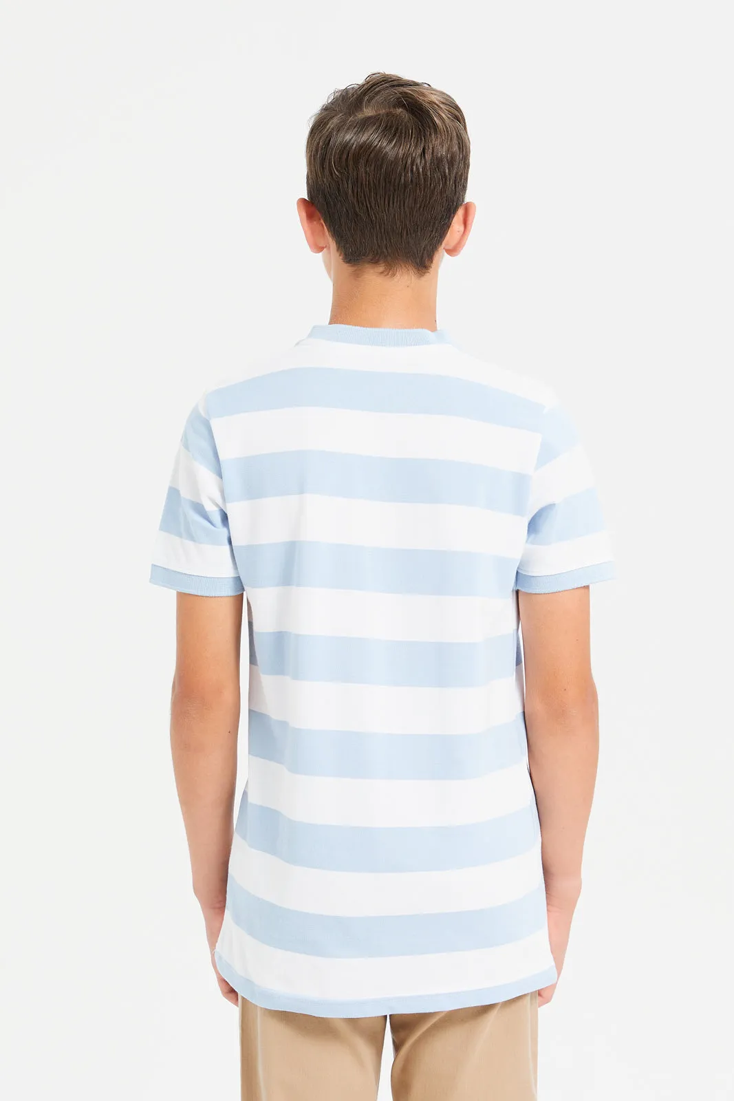 Senior Boys Blue And White Mandarin Collar Stripe Polo T-Shirt