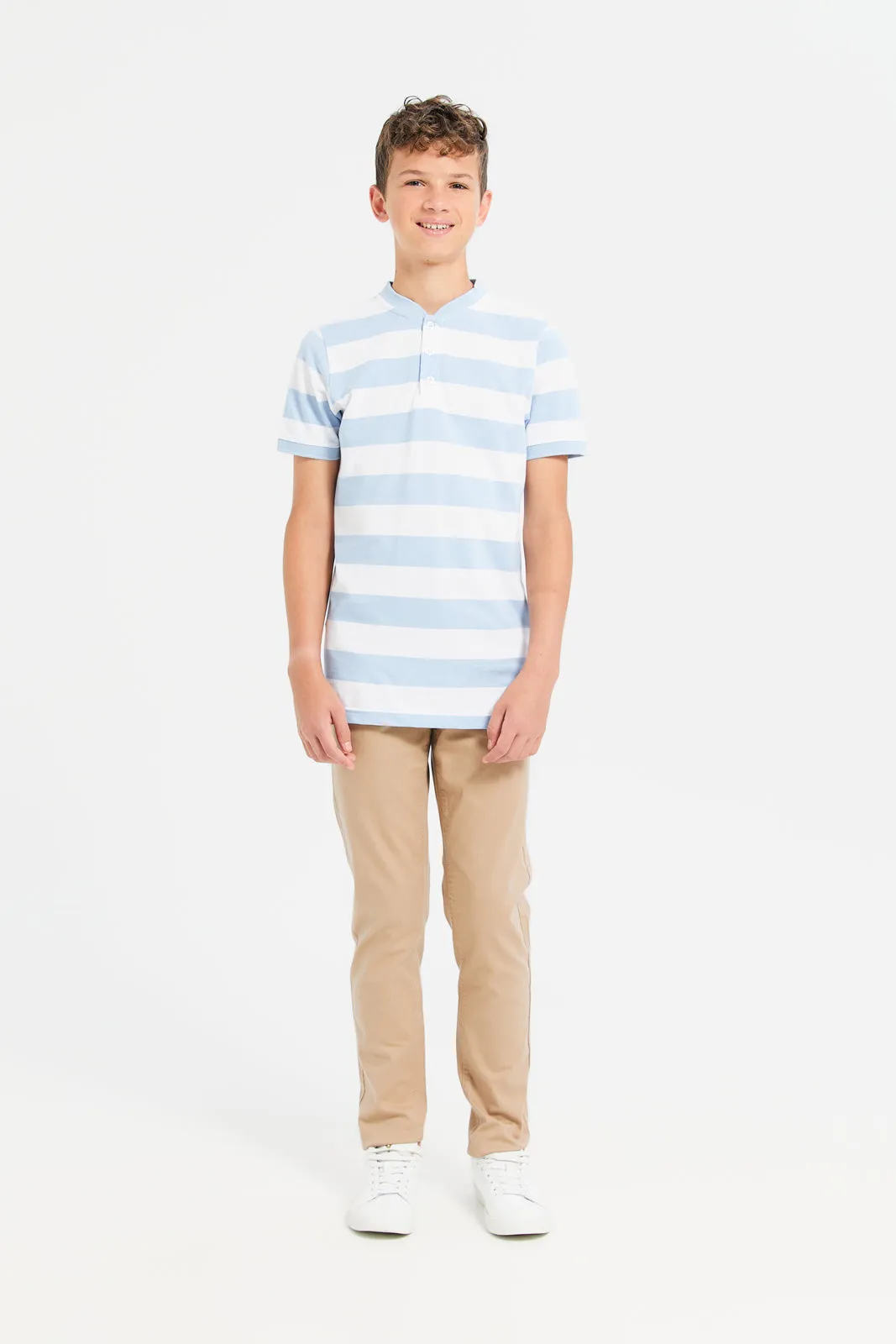 Senior Boys Blue And White Mandarin Collar Stripe Polo T-Shirt