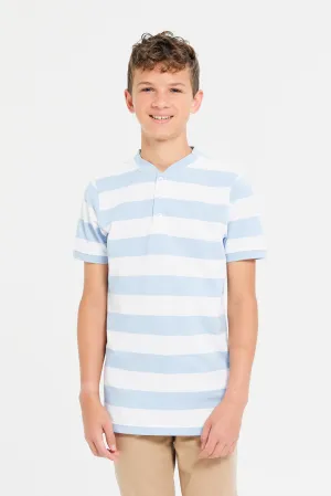 Senior Boys Blue And White Mandarin Collar Stripe Polo T-Shirt