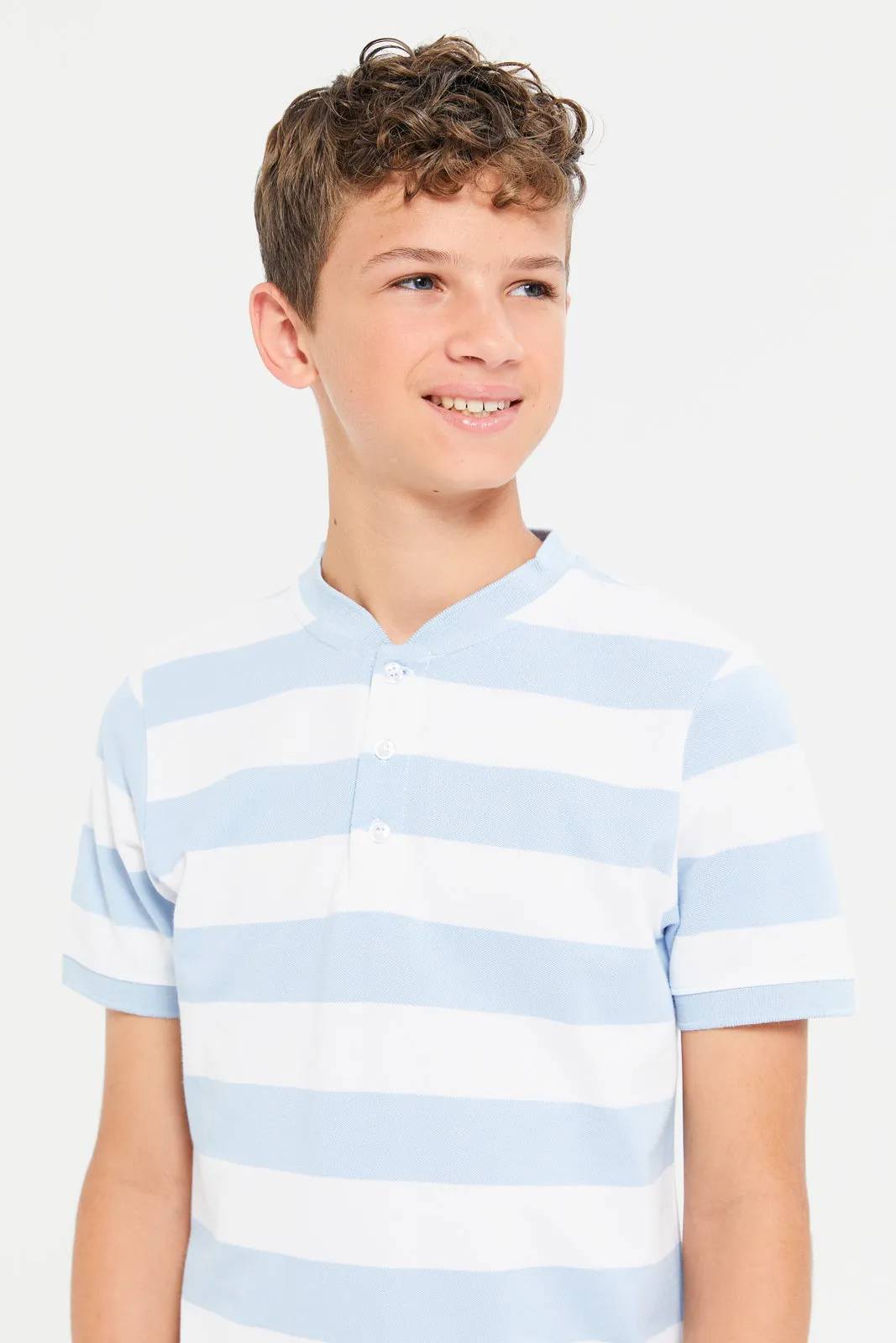 Senior Boys Blue And White Mandarin Collar Stripe Polo T-Shirt