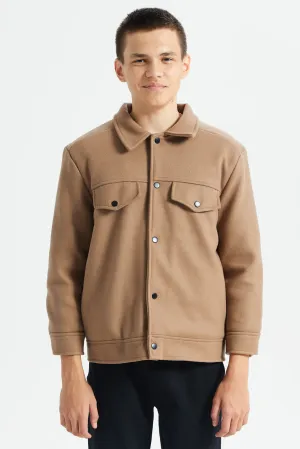 Senior Boys Brown Two Pocket Buttoned Padded Jacket