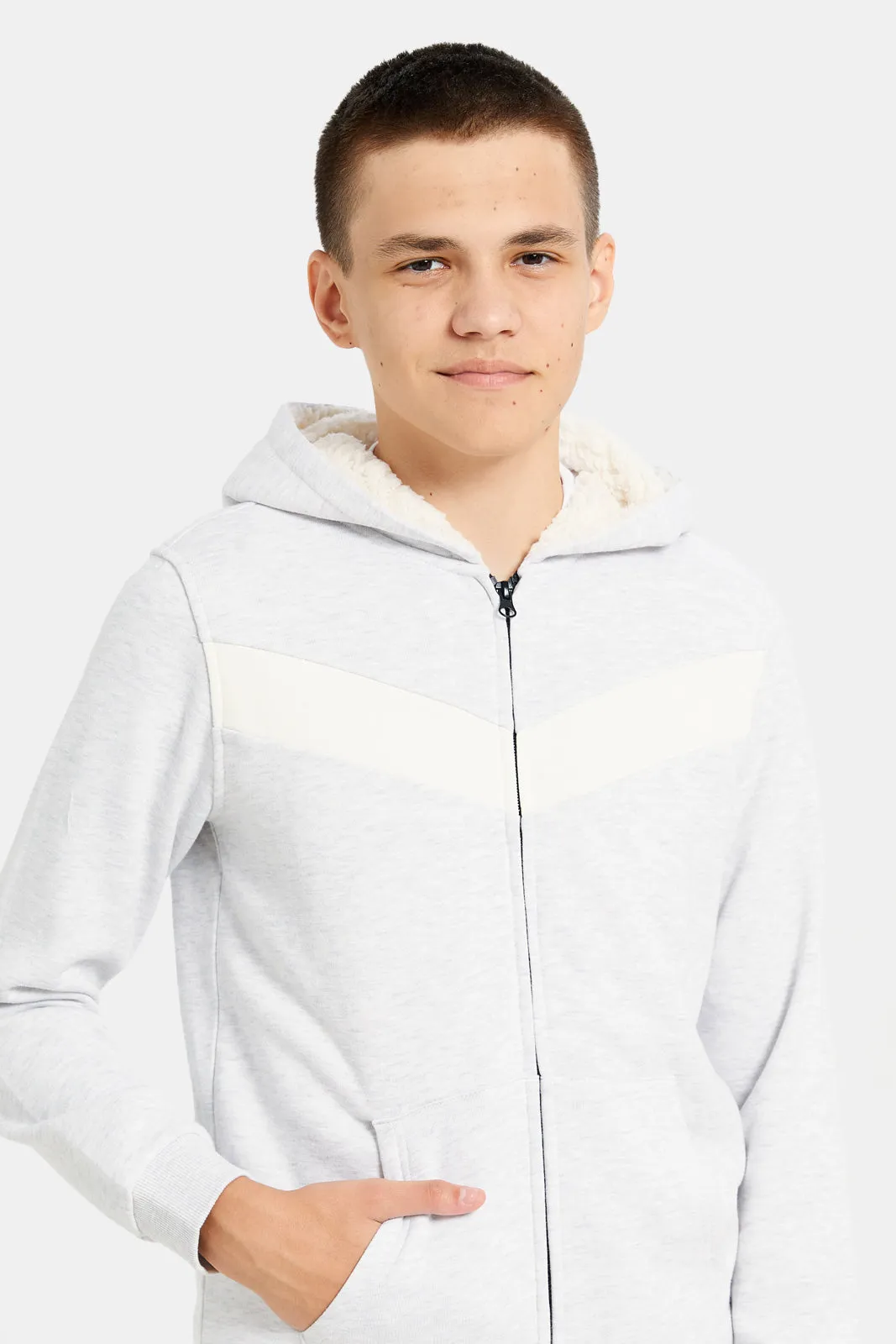 Senior Boys Ecru  Cut And Sew Hooded Sweatshirt