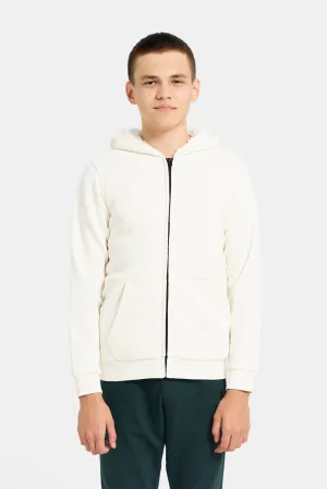 Senior Boys Ivory Solid Hooded Sweatshirt