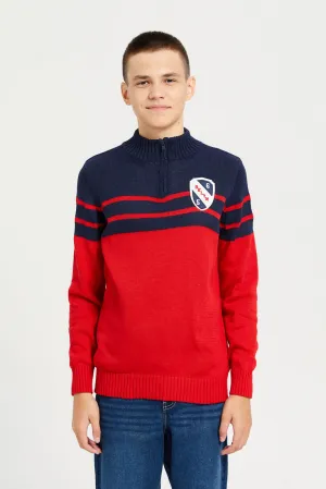 Senior Boys Red And Navy Chest Patch Sweater