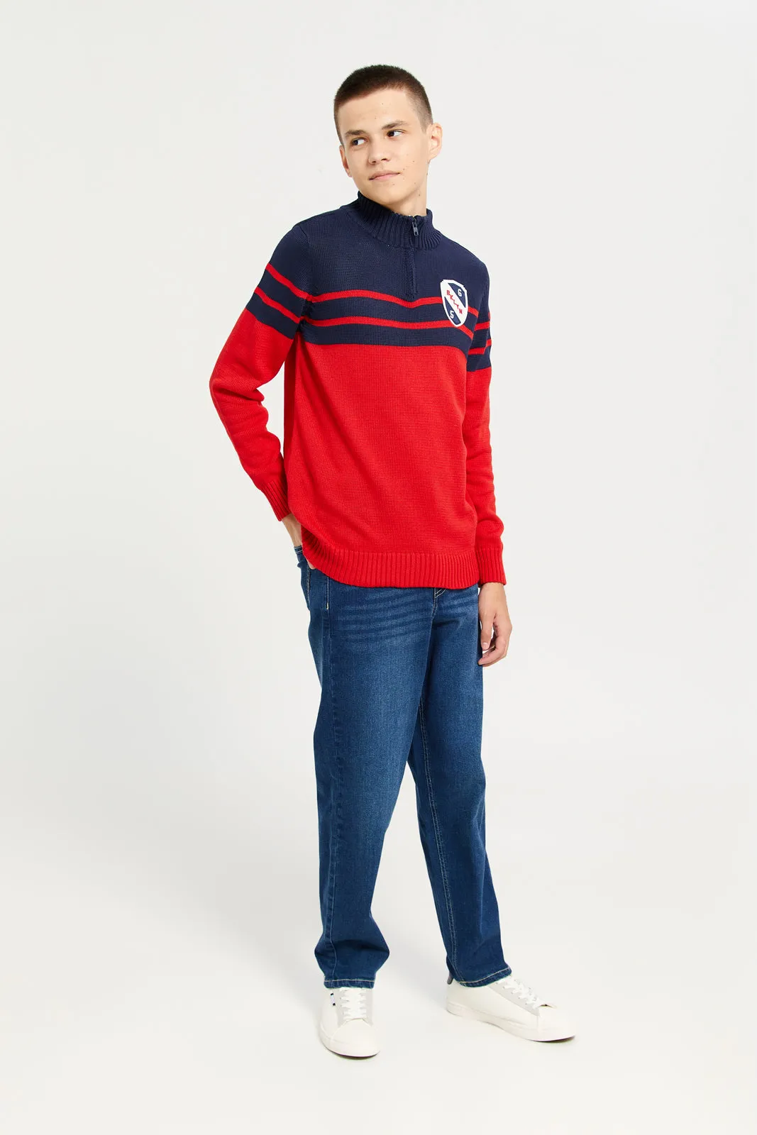 Senior Boys Red And Navy Chest Patch Sweater