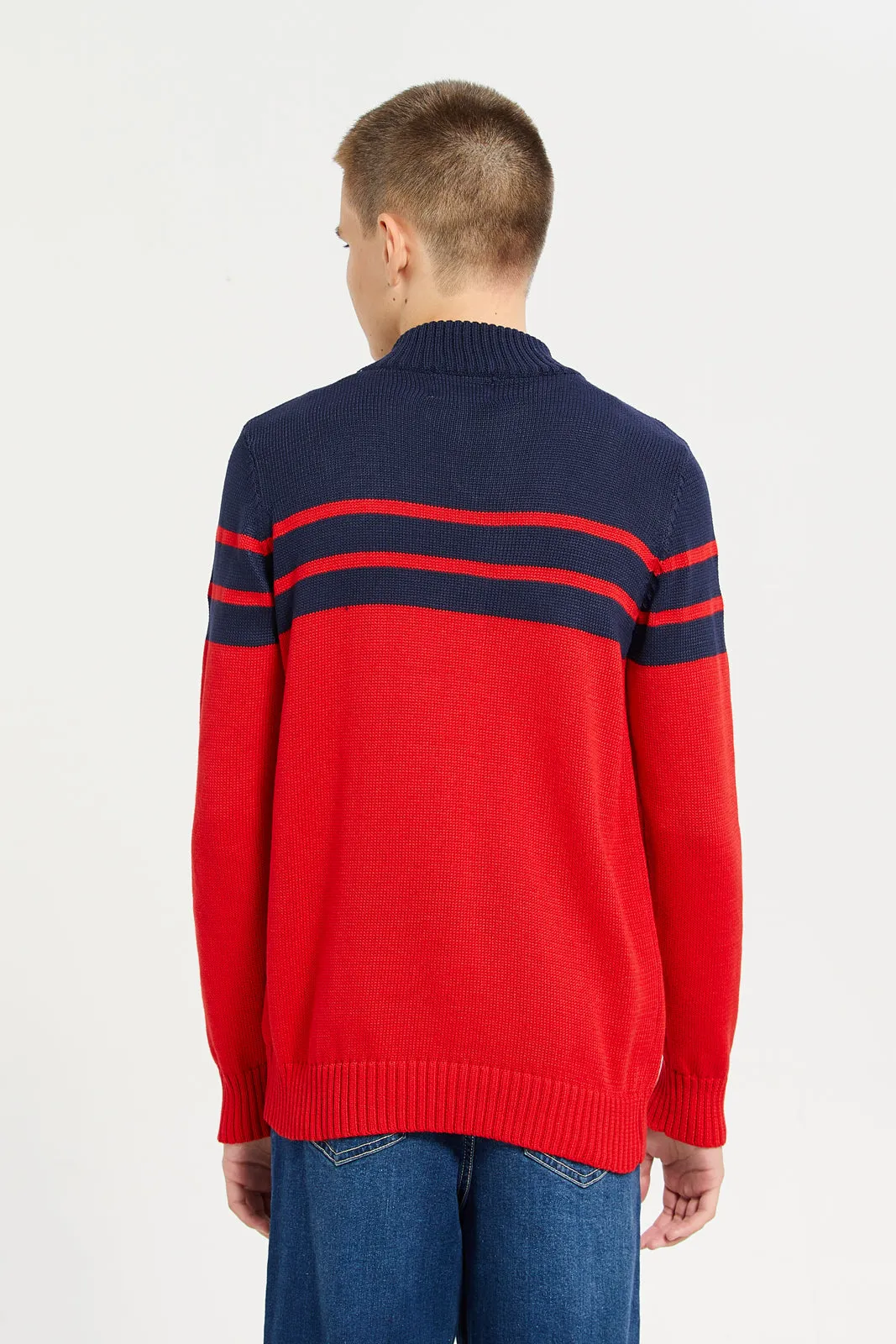 Senior Boys Red And Navy Chest Patch Sweater