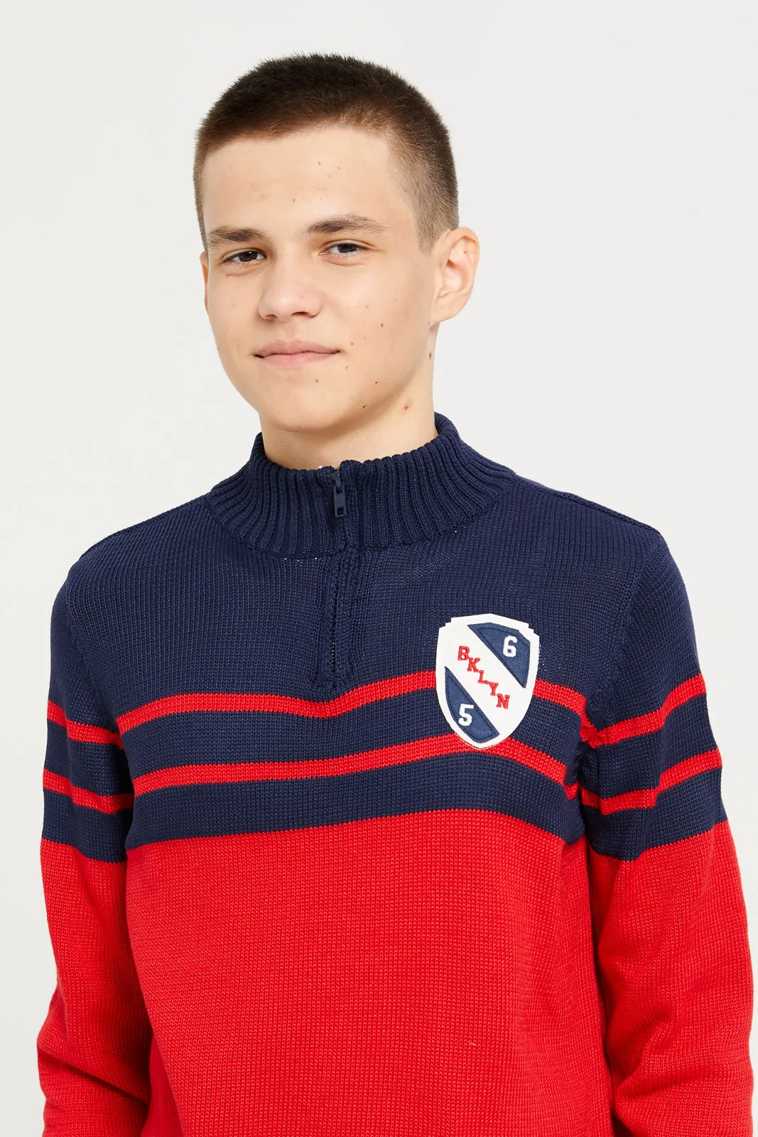 Senior Boys Red And Navy Chest Patch Sweater