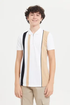 Senior Boys White Cut And Sew Polo With Zip Neck