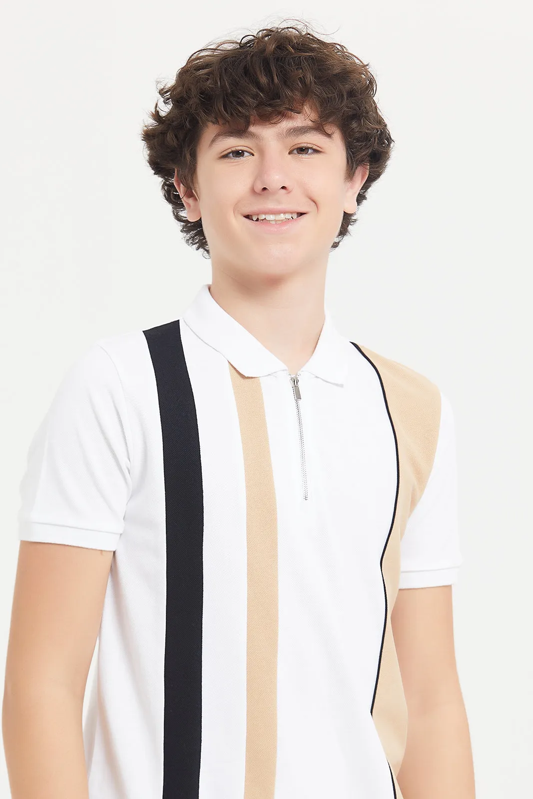 Senior Boys White Cut And Sew Polo With Zip Neck