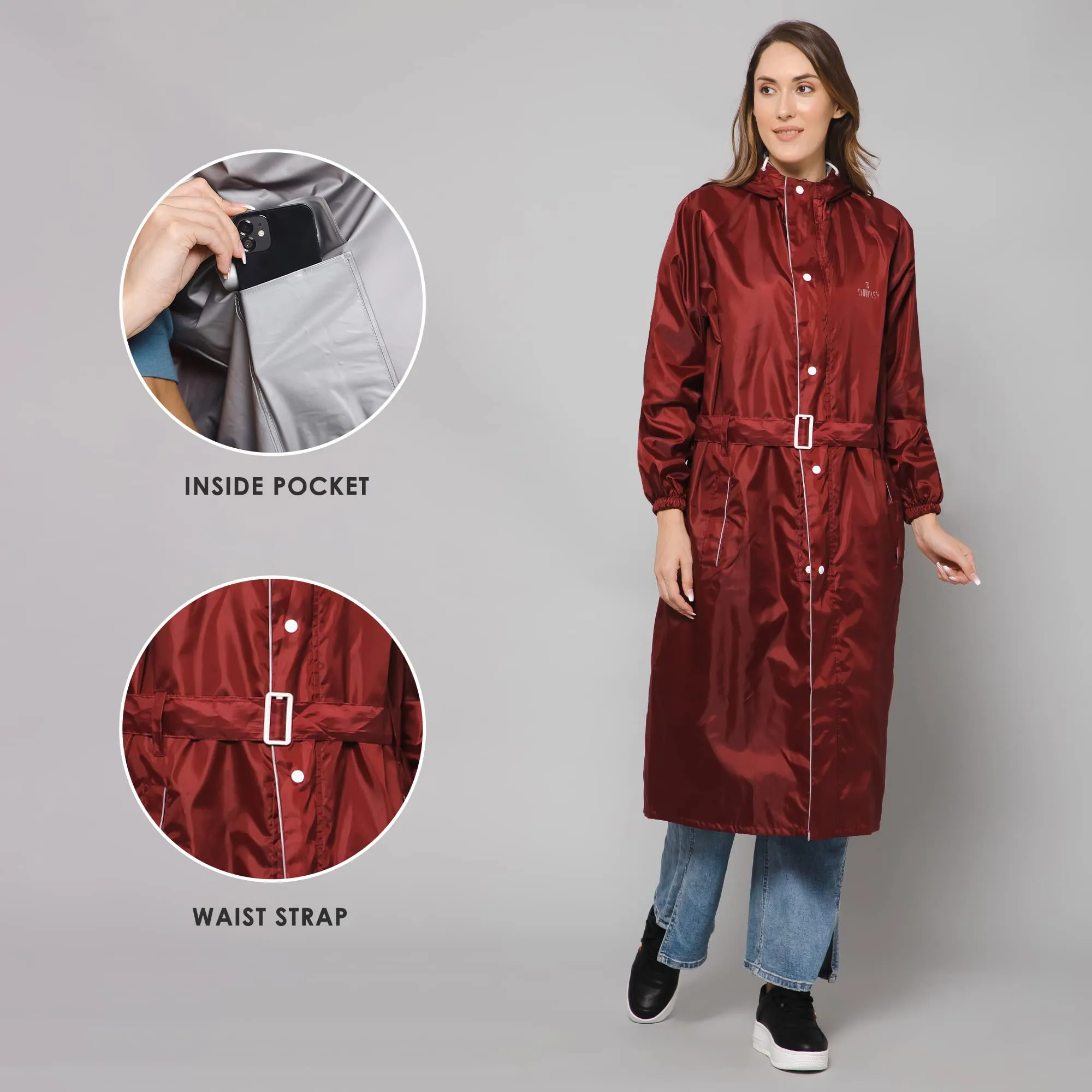 The Clownfish by STRAUSS Polyester Raincoats for Women Raincoat for Ladies Waterproof Reversible Double Layer. Drizzle Diva Series (Maroon, Large)