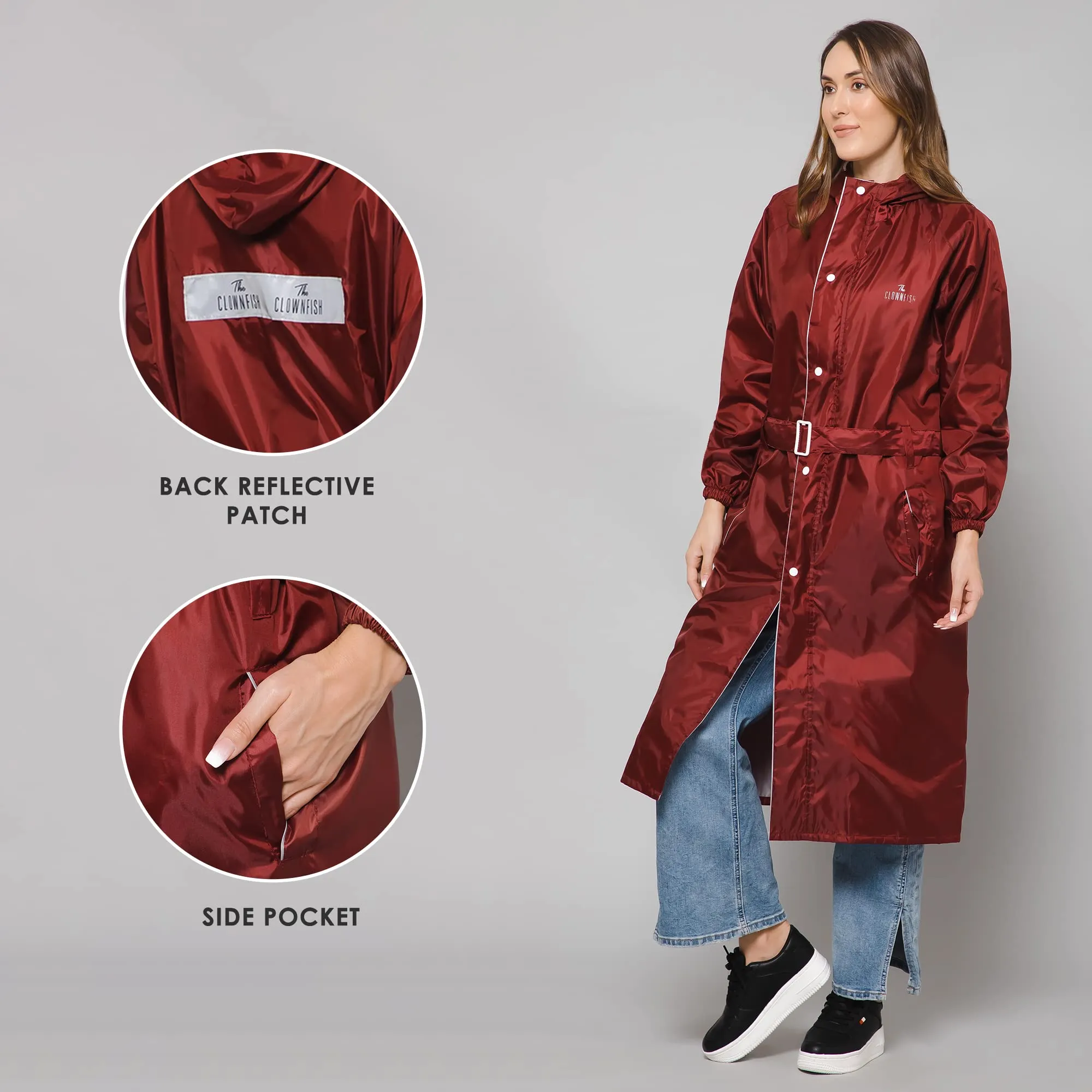 The Clownfish by STRAUSS Polyester Raincoats for Women Raincoat for Ladies Waterproof Reversible Double Layer. Drizzle Diva Series (Maroon, Large)