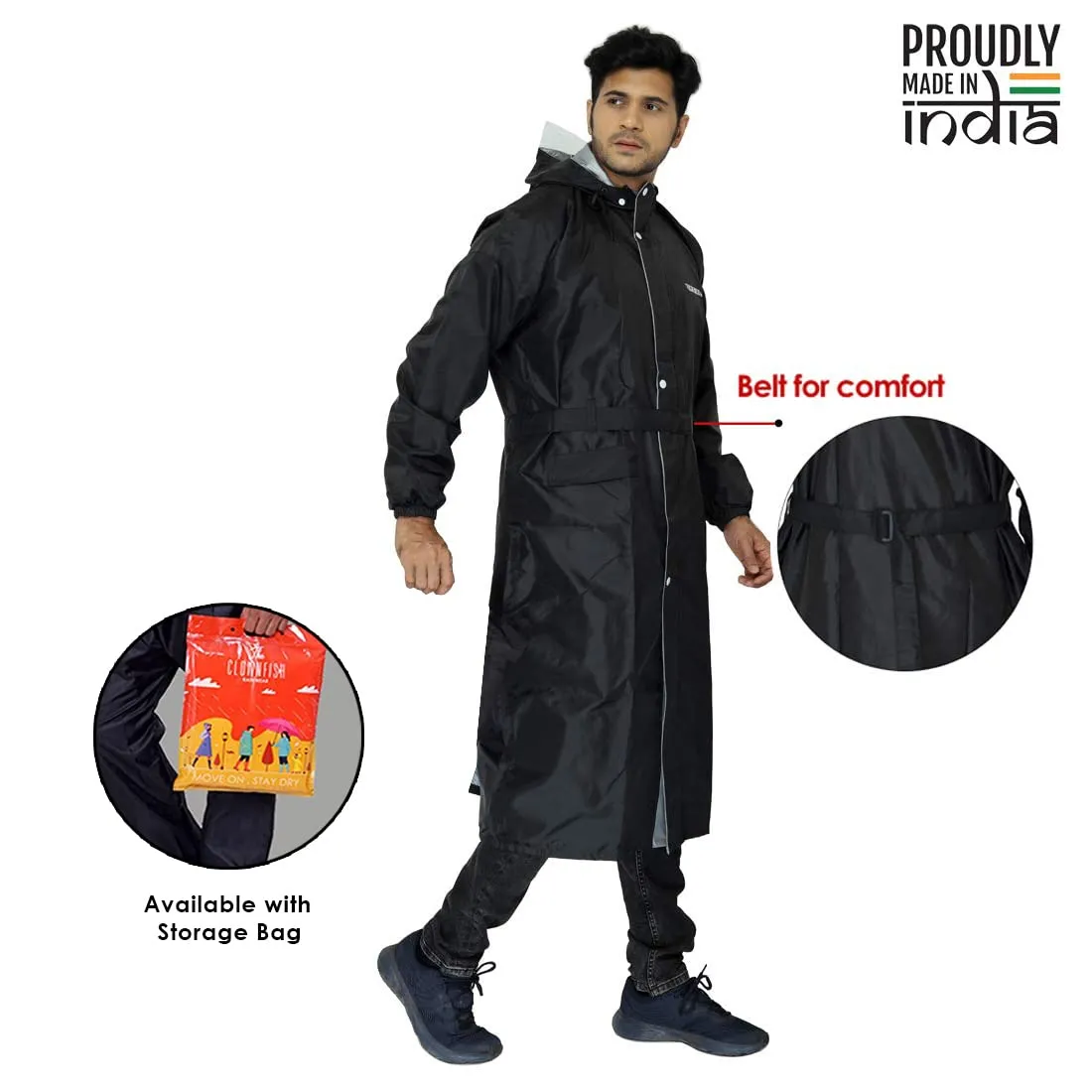 THE CLOWNFISH Polyester Reversible Unisex Waterproof Long Coat Raincoat For Men And Women With Adjustable Hood And Reflector For Night Visibility Opener Series (Black-Free Size)