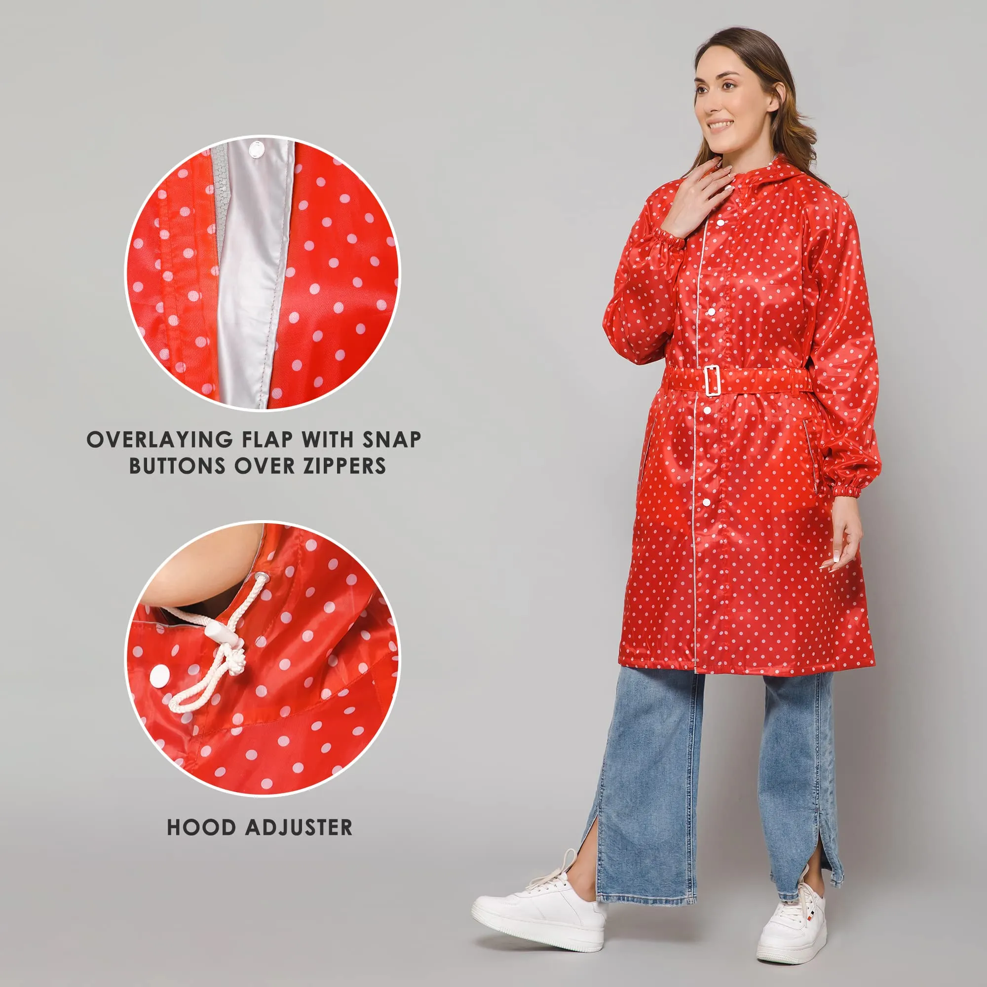 THE CLOWNFISH Raincoats for Women Rain Coat for Women Longcoat Raincoat for Ladies Waterproof Reversible Double Layer. Dotty Delight Series (Red, Large)